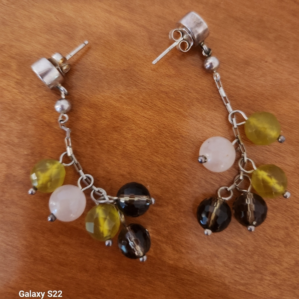 Dangle Bead Earrings – Olive Green & Pale Pink